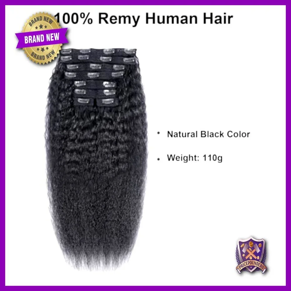 20 Inch Kinky Straight Clip In Hair Extensions, 8pcs 110g Human Hair